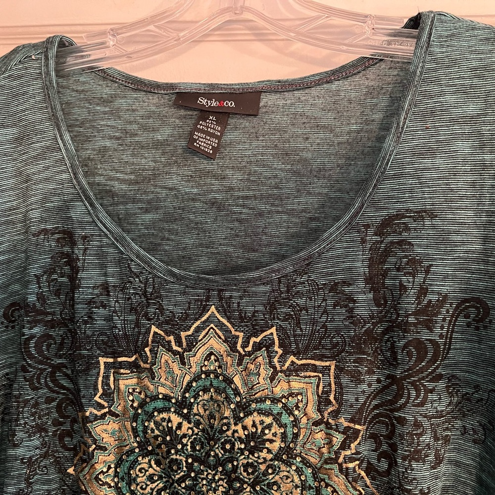 Style & Co. Teal Mandala Short Sleeve Top - Picture 2 of 5